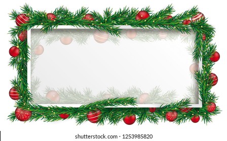 Christmas banner with twigs, red baubles and the white frame.  Eps 10 vector file.
