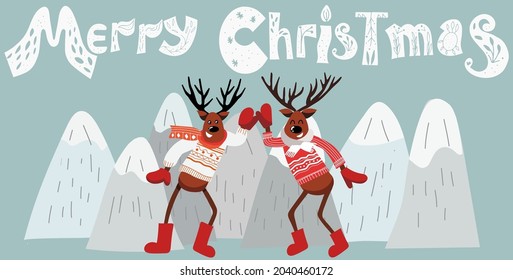 Christmas banner with two deer in sweaters, lettering Merry Christmas, turquoise background.