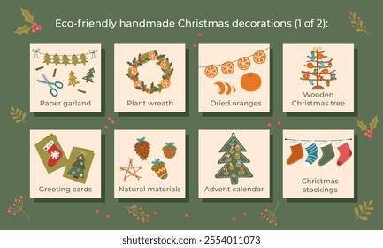 Christmas banner with types of eco-friendly Christmas handmade ornaments. Sustainable Christmas concept. Workshop concept. 1 of 2