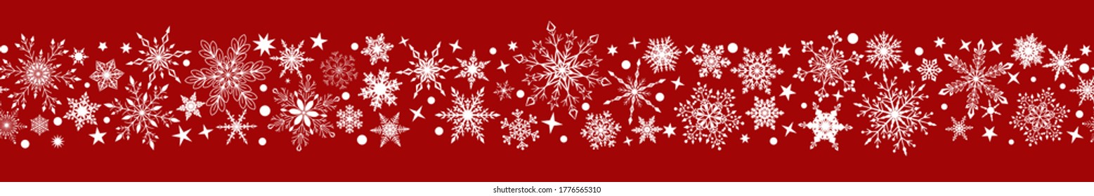 Christmas banner of various complex big and small snowflakes with horizontal seamless repetition, white on red background