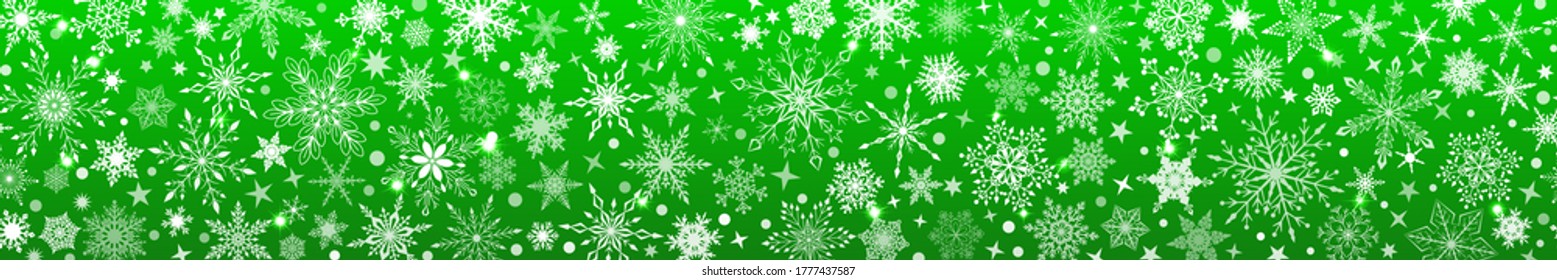 Christmas banner of various complex big and small snowflakes with horizontal seamless repetition, white on green background
