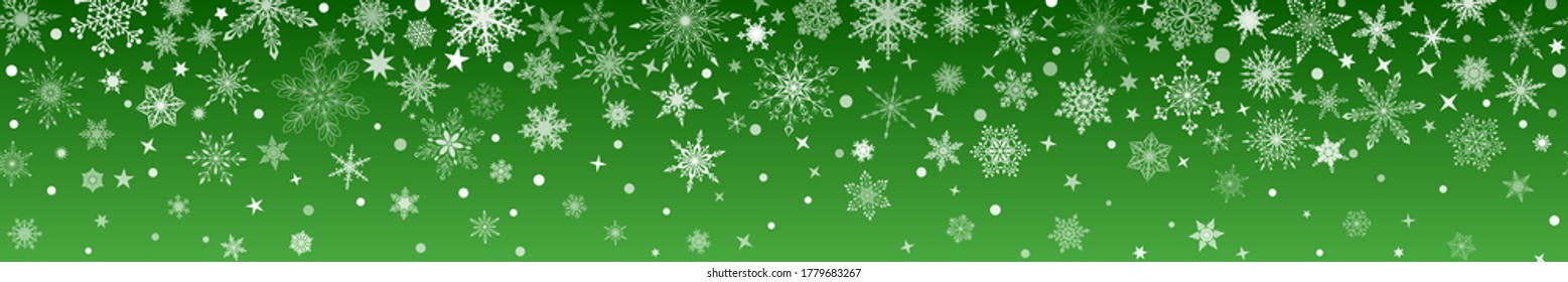 Christmas banner of various complex big and small snowflakes with horizontal seamless repetition, white on green background