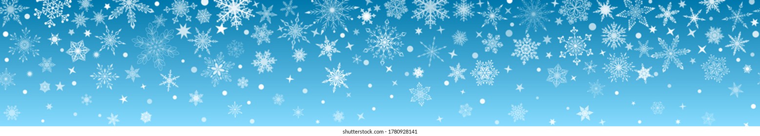 Banner navideño de varios complejos copos de nieve grandes y pequeños con repetición sin costura horizontal, blanco sobre fondo azul claro