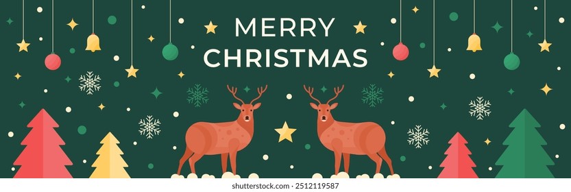 Christmas banner with various shapes, symbols, and deers. Vector illustration.