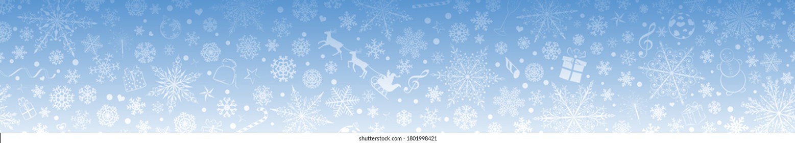 Christmas banner of various snowflakes and holiday symbols, in light blue colors