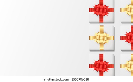 Christmas banner. Vector background with gift boxed. free space for text. Flat lay style. Holiday background.