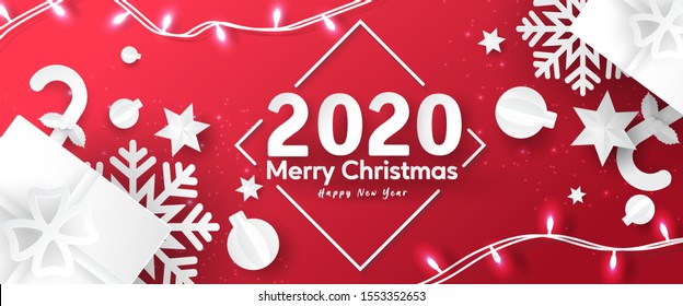 Christmas banner vector. Background illustration Xmas design paper art of sparkling lights garland, with gifts box, snowflake, ball, star, and cane. Horizontal Christmas poster. greeting cards. header