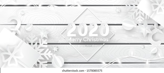 Christmas banner vector. Background illustration Xmas design paper art of sparkling lights garland, with gifts box, snowflake, ball, star, and cane on Wood background. Horizontal Christmas poster.