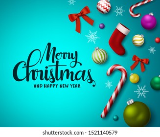 Christmas banner vector background. Merry christmas holiday season with colorful elements of xmas balls, candy cane, ribbons, snowflakes, and santa sock in blue background. Vector illustration.
