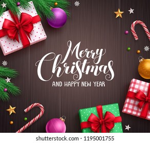 Christmas banner vector background template with merry christmas greeting typography and colorful elements like gifts and decorations in wood texture background. Vector illustration.
