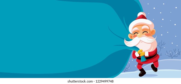 Christmas Banner Vector Cartoon. Funny Santa carrying an enormous sack of gifts on Xmas Eve
