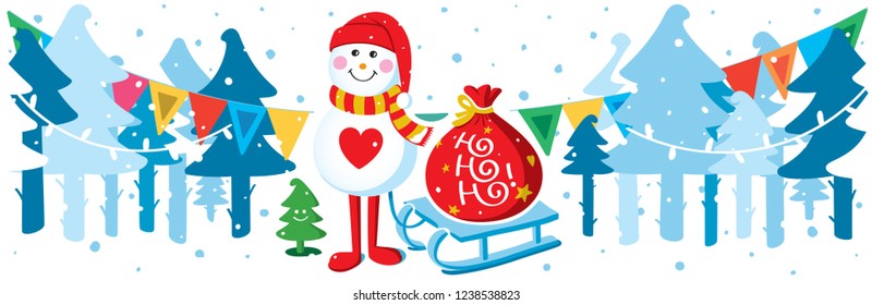 Christmas banner vector design, with Snowman and gift sack on a sledge. New year colorful greeting card with Santa Clause.