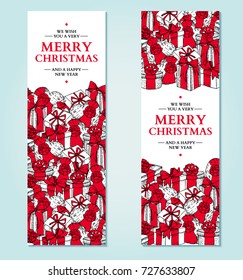 Christmas banner. Vector hand drawn illustration with gift box and red ribbon. Engraved traditional xmas decoration garland element. Greeting card, holiday label