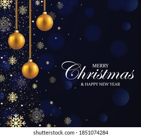 Christmas banner vector illustration. Dark blue background. Merry Christmas and happy new year deign. Christmas banner. Christmas background with snow flakes and sparkles.