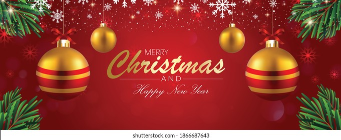 Christmas banner vector illustration. Red background. Merry Christmas and happy new year background. Christmas banner with snow. 