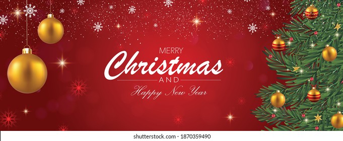 Christmas banner vector illustration. Red background. Merry Christmas and happy new year background. Christmas tree banner with snow. 