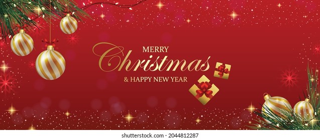 Christmas banner vector illustration. Red background. Merry Christmas and happy new year background. Christmas banner with snow. 