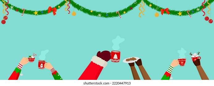 Christmas banner vector illustration, Santa Claus elf hands and reindeer leg hold hot drink milk chocolate and cookies with Christmas tree garland ornaments. Happy holiday calibration party decoration