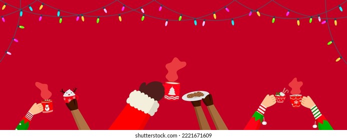 Christmas banner vector illustration, Santa Claus elf hands and reindeer leg hold hot drink milk chocolate and cookies with colorful garland lights on red background holiday calibrate party decoration