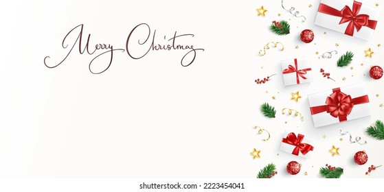 Christmas banner, vector. Presents with red bows on white background. Handwritten calligraphy text. Holiday frame decoration. Fir tree branch, gift box. For sale banners, headers, party posters.