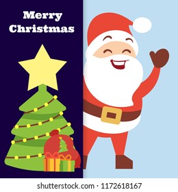 Christmas banner vector template with cute happy Santa and Christmas tree illustration
