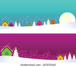 Christmas Banner Vector. Two christmas vector banners with houses, christmas trees. Easy to edit.