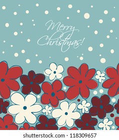 Christmas banner. Vintage romantic xmas background with flowers under snowfall. Cute floral card with place for text