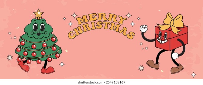 Christmas banner in vintage style and with cute characters with space for text, Christmas tree and gift box. Vector illustration.