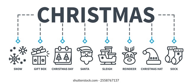 Christmas banner web icon vector illustration concept with icon of snow, gift box, christmas day, santa, sleigh, reindeer, christmas hat, sock