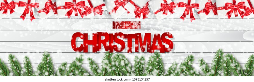 Christmas banner or website header. Merry Xmas and Happy New Year design for invitation or sale advertisement with fir tree branches, baubles, gift boxes with red ribbon and bow, snow on wooden board
