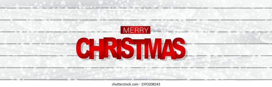 Christmas banner or website header. Merry Xmas and Happy New Year design for invitation or sale advertisement with snow on wooden board background and red lettering. Vector illustration.