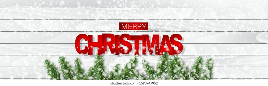Christmas banner or website header. Merry Xmas and Happy New Year design for invitation or sale advertisement with fir tree branches and snow on wooden board background. Vector illustration.