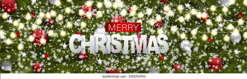 Christmas banner or website header. Merry Xmas and Happy New Year design for invitation or sale advertisement with fir tree branches background, baubles, garland lights, and snow. Vector illustration.
