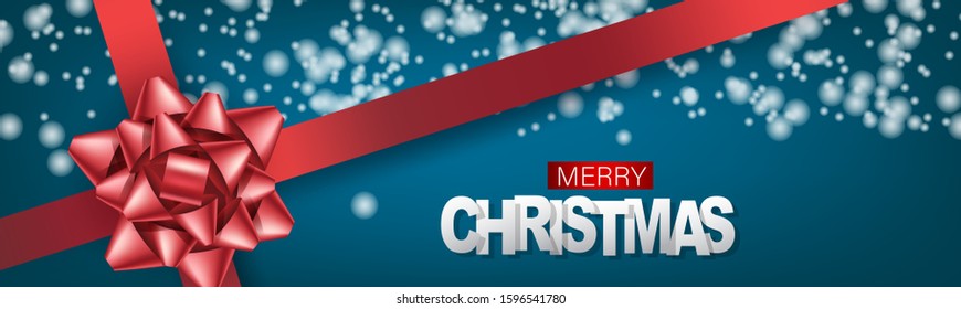 Christmas banner or website header. Merry Xmas and Happy New Year design for invitation or sale advertisement with snow on blue background with red ribbon and bow. Vector illustration.