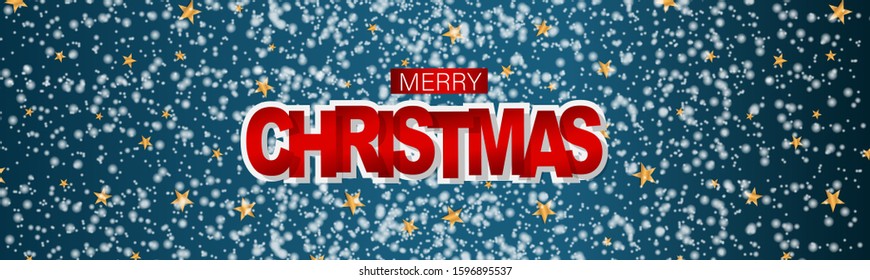 Christmas banner or website header. Merry Xmas and Happy New Year design for invitation or sale advertisement with golden stars, snow, red lettering on blue background. Vector illustration.