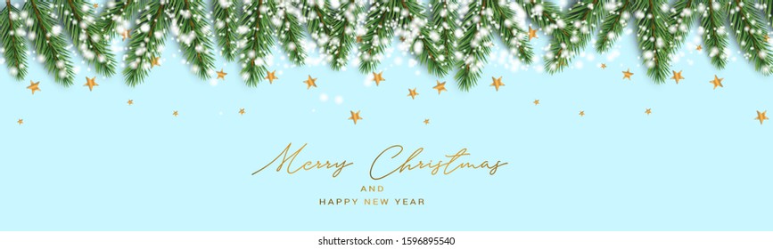 Christmas banner or website header. Merry Xmas and Happy New Year design for invitation or sale advertisement with fir tree branches and golden stars and snow. Vector illustration.