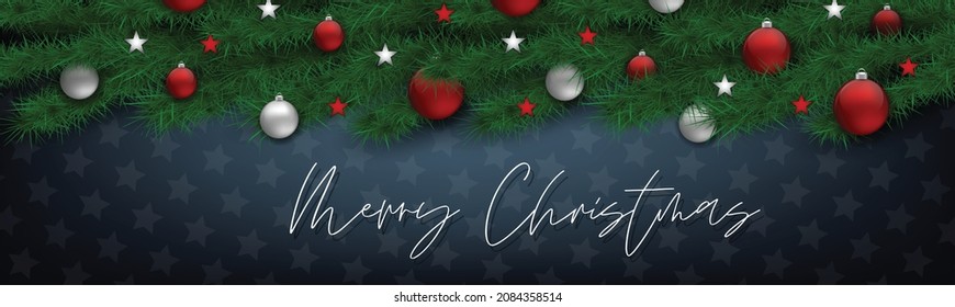 Christmas banner. Website long header with fir tree branches and glass balls over blue background. Winter season design concept. Realistic vector illustration.