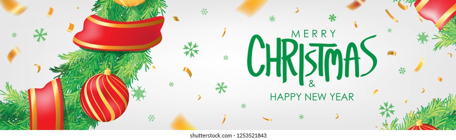Christmas banner. White Christmas background with christmas balls,  snowflakes and gold confetti. 
