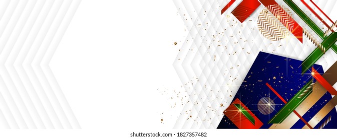 Banner de Navidad Fondo Blanco con puntos y líneas objetos de estilo festivo oro Feliz Navidad y feliz Año Nuevo. Vector eps 10