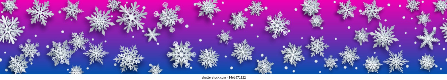 Christmas banner of white complex paper snowflakes with soft shadows on blue and purple background. With horizontal repetition