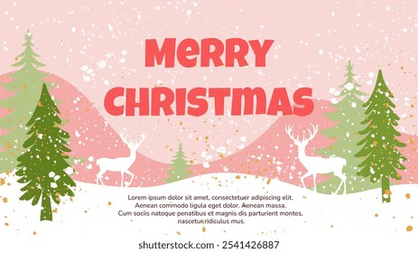 Christmas banner with white deer and pink background. A banner template for winter holidays for congratulations or invitations with silhouettes of Reindeer and nature with snow.