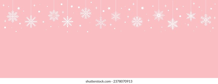 Christmas banner with white snowflake frame on a pastel pink background with copy space. Vector illustration