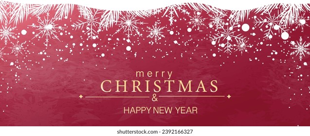 Christmas banner with white snowflakes, pine branches on red frost background