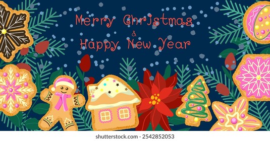 Christmas banner with winter plants and gingerbread, greeting card. Christmas holiday party. 
 New Year illustration in modern scandinavian flat cartoon style isolated on dark blue background. Vector