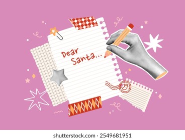 Christmas banner, wish list concept in modern collage style. Halftone hand writing letter to Dear Santa on torn paper. Copybook notes, doodle stars, decorative New Year tapes. Vector illustration