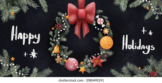 Christmas banner with wreath and red ribbon. Illustration for greeting card or banner