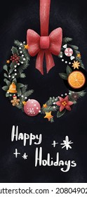Christmas banner with wreath and red ribbon. Illustration for greeting card or banner