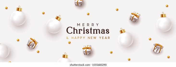 Christmas banner. Xmas background, design decorative ornaments, white bauble balls, silver gift boxes, gold round beads. New Year's pattern of decorative realistic objects. Festive light composition