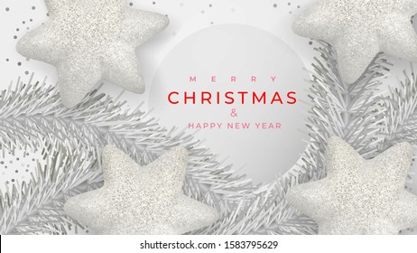 Christmas banner. Xmas background design of white pine branches, with realistic decorations - 3d stars, white confetti. Horizontal christmas poster, greeting cards, headers, website