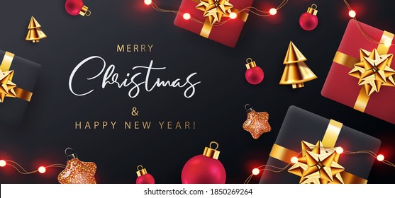 Christmas banner. Xmas background design with realistic red and black gift boxes, golden conical christmas trees, balls, garland lights on black background. Horizontal christmas poster, greeting card